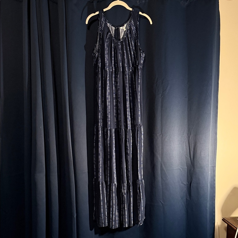 Navy and White Sleeveless Tiered Maxi Dress